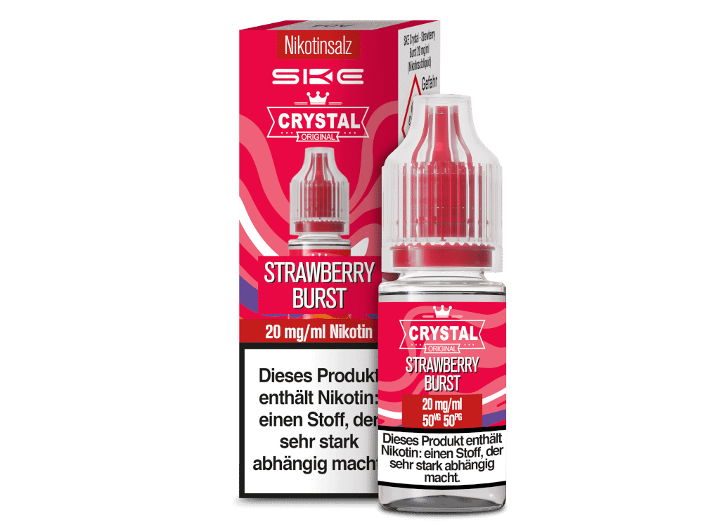SKE Crystal Strawberry Burst Nikotinsalz Liquid 1 Nikotin Salz E-Liquid mit Erdbeer-Geschmack, 20 mg/ml, für E-Zigaretten, hochwertiger Start in die Vape-Welt, intensives Fruchtaroma, für Genuss unterwegs und zu Hause.