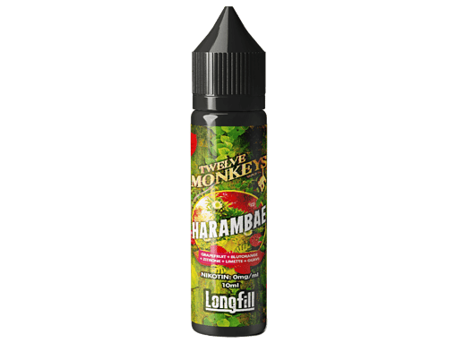 Flasche mit THC-Liquid für E-Zigaretten, Twleve Monkeys Harambe mit Fruchtgeschmack, 10ml, nikotinfrei, Longfill Flasche, lebendiges Etikett, E-Liquid für Dampfer.
