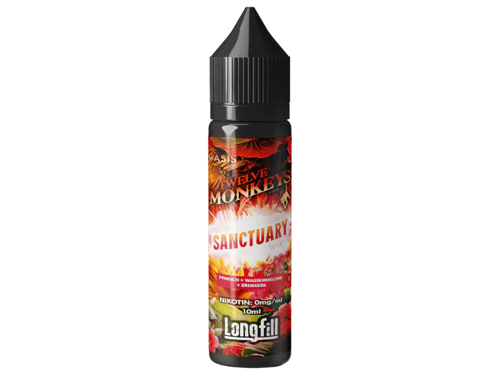 Twelve Monkeys - Sanctuary - Longfill 1 Fruchtig-süßer E-Liquid-Aroma für Shisha und E-Zigaretten, mit Geschmack nach Pfirsich, Wassermelone und Erdbeere, in praktischer 10ml Flasche, nikotinfrei, ideal für den Genuss bei LETZ Go.