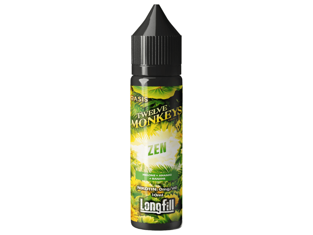 Twelve Monkeys - Zen - Longfill 1 Fruchtige E-Liquid-Flasche mit tropischem Geschmack, Melone, Ananas und Banane, 10ml, langzeitdampf, Nikotingehalt 0mg/ml, für E-Zigaretten, ideal für Genuss und Entspannung im Alltag.