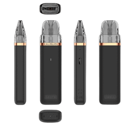 Modernes Vaping-Gerät mit Klapp-Design, schwarzem Gehäuse und Kupferakzent, vielseitig einstellbar, inklusive Ladegerät und Ersatzteil. Ideal für Dampfer, die Wert auf Qualität und innovative Technik legen.