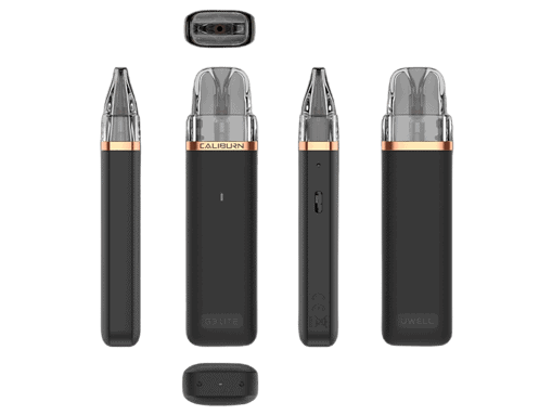 Modernes Vaping-Gerät mit Klapp-Design, schwarzem Gehäuse und Kupferakzent, vielseitig einstellbar, inklusive Ladegerät und Ersatzteil. Ideal für Dampfer, die Wert auf Qualität und innovative Technik legen.