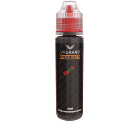 Vaporizertropfen Flasche mit VGRAND OVERDOSED, 10ml, für intensiven Geschmack und konzentriertes Aroma, ideal für E-Zigaretten, schwarzes Design mit rotem Cap, geeignet für Dampfer.