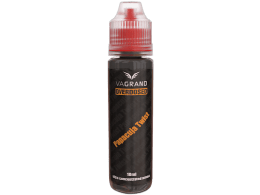 Vape Liquid Flasche mit rotem Deckel, VAGRAND Overdosed Papaguita Twist Aroma, 10ml, für E-Zigaretten, intensive, aromatische Mischung, Designed für Dampfer, hochwertiges Vape-Produkt.