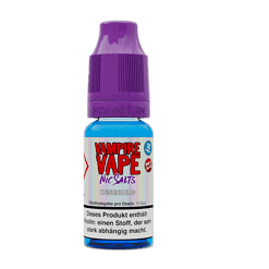 Aroma-Vape-Duftliquid in blauer Flasche mit lila Verschluss, für E-Zigaretten, Himbeer-Geschmack.