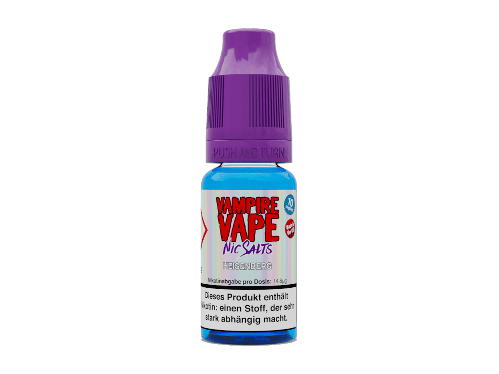 Vampire Vape - Heisenberg - Nikotinsalz Liquid 1 Aroma-Vape-Duftliquid in blauer Flasche mit lila Verschluss, für E-Zigaretten, Himbeer-Geschmack.
