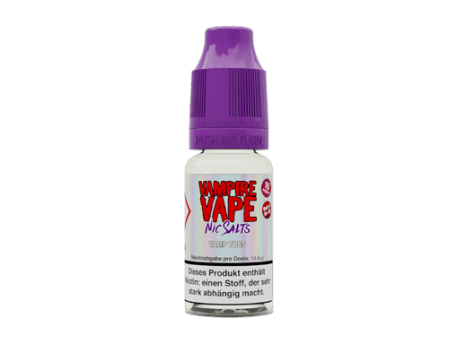 Vampire Vape Nic Salts Flasche mit 10 ml, purple Cap, aromatisiertes E-Liquid für Vape, Geschmack Vamp Toes, nikotinhaltig, 14,8 mg nikotin pro Dose, geeignet für E-Zigaretten.