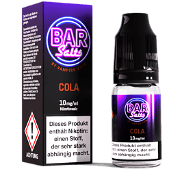 Leere Flasche und Verpackung des Vampire Vape BAR Salts Cola, E-Liquid mit Nikotinsalz, für E-Zigaretten, in Schwarz und Lila.