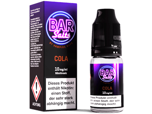 Leere Flasche und Verpackung des Vampire Vape BAR Salts Cola, E-Liquid mit Nikotinsalz, für E-Zigaretten, in Schwarz und Lila.
