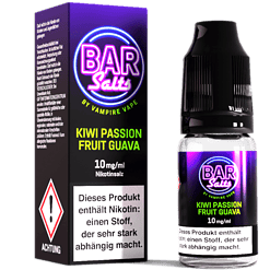 Kiwi Passion Frucht Guava Nikotinsalz Vape Liquid für E-Zigaretten, 10mg/ml, von Vampire Vape, schwarz-lila Flasche mit Zigarettenasche Verpackung.