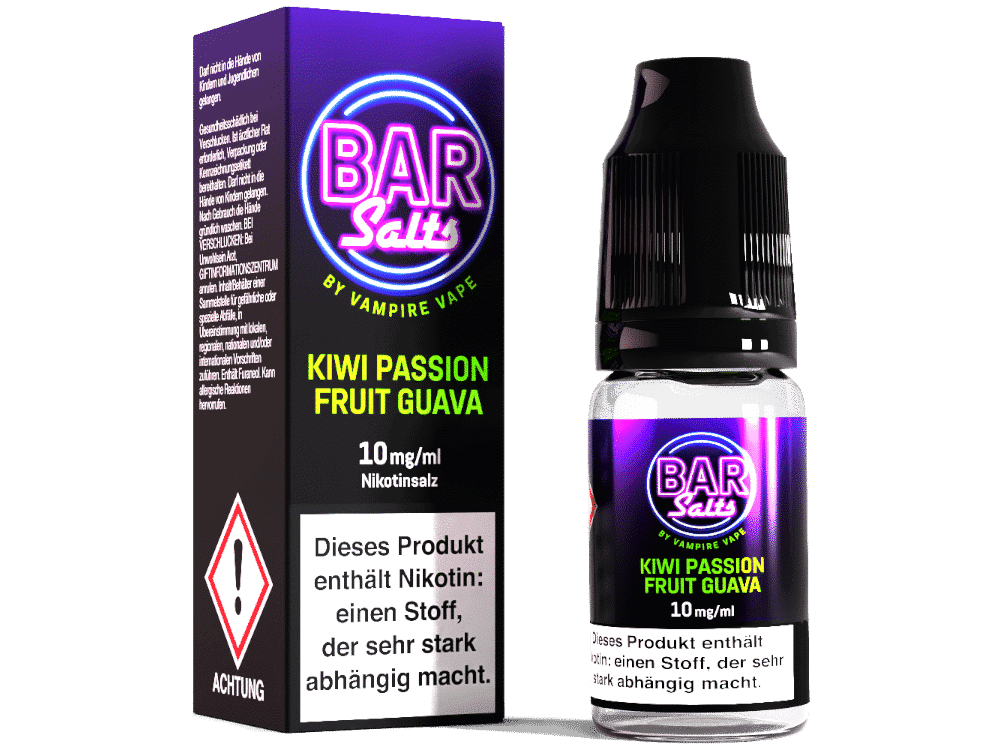 Vampire Vape - Bar Salts - Kiwi Passion Fruit Guava - Nikotinsalz Liquid 1 Kiwi Passion Frucht Guava Nikotinsalz Vape Liquid für E-Zigaretten, 10mg/ml, von Vampire Vape, schwarz-lila Flasche mit Zigarettenasche Verpackung.