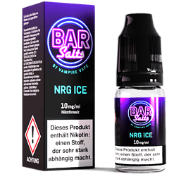 Neonfarbene E-Liquid Flasche und Verpackung mit "BAR Salts NRG ICE"-Logo, Nikotingehalt 10 mg/ml, in Sichtweite.