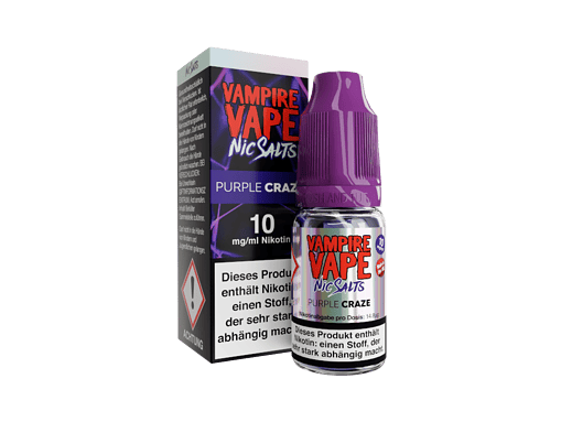 Vampire Vape NicSalts Purple Craze E-Liquid, 10 mg/ml, in Flasche und Verpackung, für E-Zigaretten, intensiver Nagellack Geschmack, nikotinhaltig, für Dampfer geeignet.