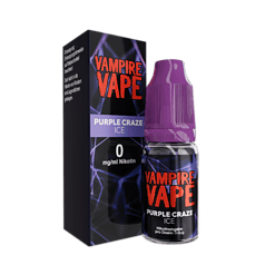 Vampire Vape Purple Craze ICE E-Liquid Flasche mit Verpackung, 0 mg/ml Nikotin, für Vaping, kühlendes bläuliches Design.