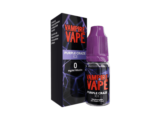 Vampire Vape Purple Craze ICE E-Liquid Flasche mit Verpackung, 0 mg/ml Nikotin, für Vaping, kühlendes bläuliches Design.