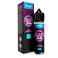 Farbsalz Flasche und Verpackung im neonfarbenen Design, Longfill Bar Salt Pink Lemonade, 10ml, für E-Zigaretten, beleuchteter Hintergrund, modernes Vape-Produkt.