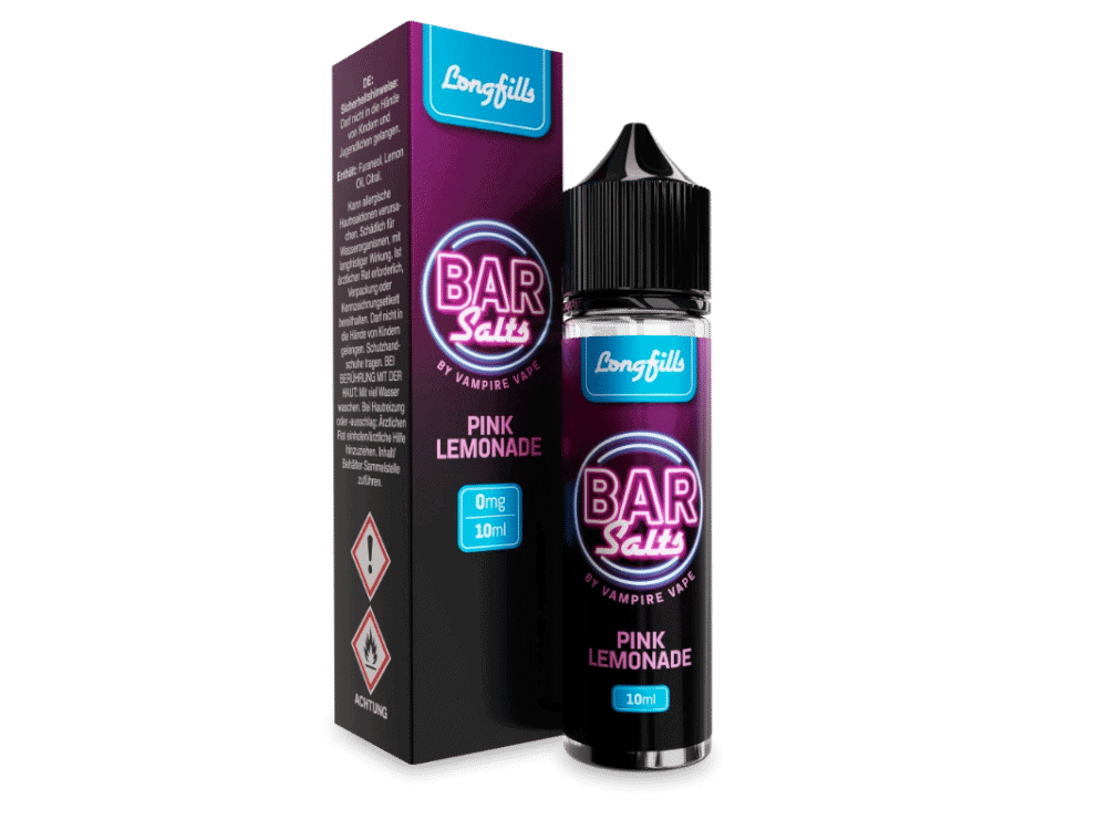 Vampire Vape Bar Salts Pink Lemonade 10 ml 1 Farbsalz Flasche und Verpackung im neonfarbenen Design, Longfill Bar Salt Pink Lemonade, 10ml, für E-Zigaretten, beleuchteter Hintergrund, modernes Vape-Produkt.