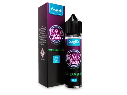 Leere Flasche und Verpackung, Wasser-Melone Geschmack, Longfill Liquid, E-Zigaretten Liquid, Vapor-Shop Produktbild.