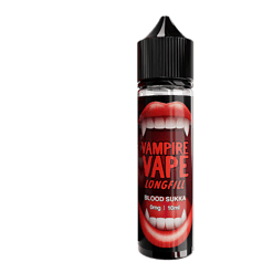 Vampire Vape Longfill Blood Sukka E-Liquid, 10ml Flasche mit Lippen und Vampirzähnen Design.