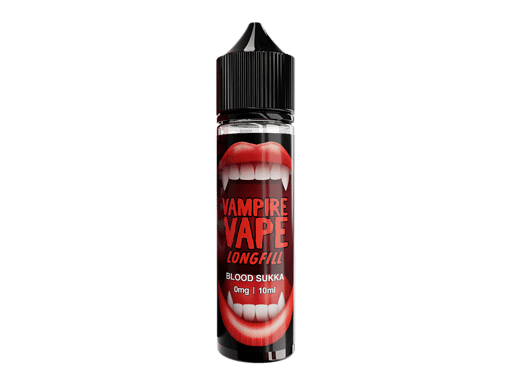 Vampire Vape Longfill Blood Sukka E-Liquid, 10ml Flasche mit Lippen und Vampirzähnen Design.