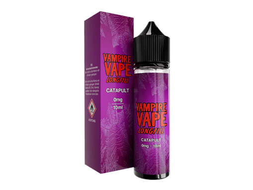 Vampire Vape Longfill Catapult E-Liquid, 10ml Flasche, nicotinefrei, für Vape-Dampfer geeignet, in lila Verpackung mit Warnhinweis.