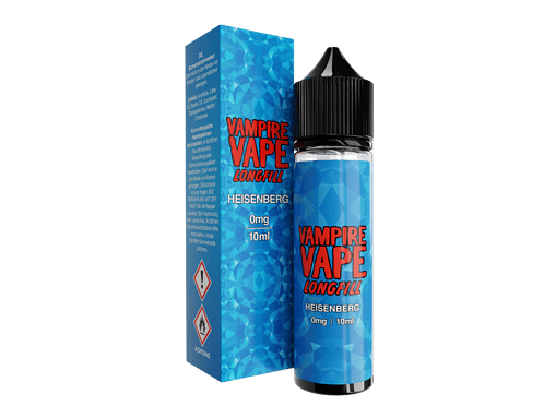 Vampire Vape Longfill Heisenberg E-Liquid 10ml, blauer Schachtel, nikotinfrei, für E-Zigaretten geeignet.