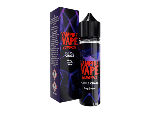 Vampire Vape Longfill Purple Craze E-Liquid Flasche und Verpackung, 10ml, süßer und fruchtiger Vape-Dampf für Dampfer, ideal für E-Zigaretten, impulsiv, aromatisch, modern gestaltet Relevanz.