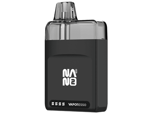 Hauptbild eines Vaporesso Vape-Geräts in Schwarz mit transparentem Tank und Digitalanzeige, modernes Design, für den Produktshop LETZ Go.