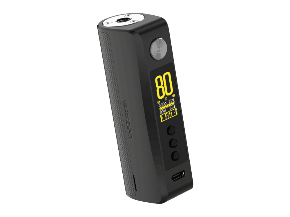 Vaporesso - GEN 80 S 80 Watt 2 Vape Vaporizer mit digitalem Display, tragbares Design, schwarz mit Gelb akzentuierte Anzeige, multifunktional und einfach zu bedienen.