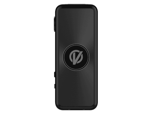 Schwarz silbernes kabelloses Ladegerät für Smartphones, kompakt und tragbar, schnelles Laden, für unterwegs geeignet.