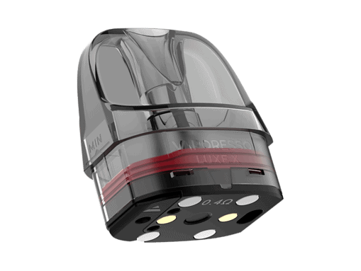 E-Zigarette Pod mit transparentem Gehäuse und rotem Akzent, kompatibel mit DressoX Luxex.