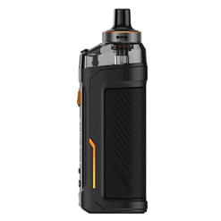 Vape mit schwarzem Design, orange Akzente und ergonomischem Griff auf grauem Hintergrund.