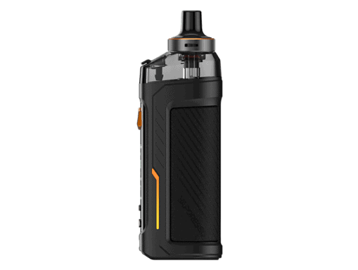 Vaporesso ARMOUR G E-Zigaretten Set 2 Vape mit schwarzem Design, orange Akzente und ergonomischem Griff auf grauem Hintergrund.