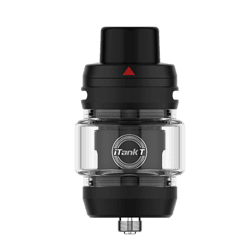 ITank T Vaporizator für E-Zigaretten, klarer Tank mit schwarzem Deckel und Base, hochwertige Verarbeitung, ideal für Dampfer, innovative Technologie, langlebig, benutzerfreundlich, modern Designelemente.