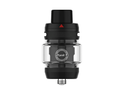 ITank T Vaporizator für E-Zigaretten, klarer Tank mit schwarzem Deckel und Base, hochwertige Verarbeitung, ideal für Dampfer, innovative Technologie, langlebig, benutzerfreundlich, modern Designelemente.