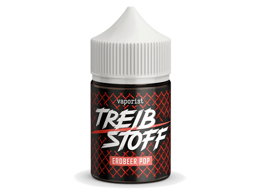 Vape-Flasche mit Erdbeer-Pop-Geschmack, schwarzes Design, weißer Kindersicherheitsverschluss, Trendik und geschmackvoll, ideal für E-Zigaretten und E-Liquids, hochwertiges Produkt von TREIBSTOFF.