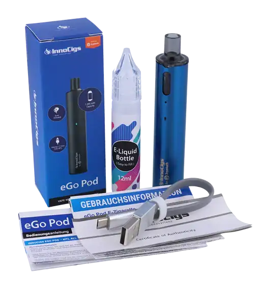 InnoCigs eGo POD E-Zigaretten Set 6 EGo Pod E-Zigaretten Set mit 1000 mAh Akku, Liquid-Pouch, USB-Ladekabel und Bedienungsanleitung.