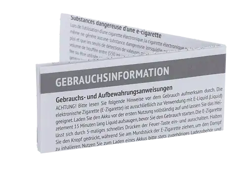 Gebrauchsinformation für E-Zigaretten, Anleitung zum sicheren Gebrauch, Akku laden, Dampfen, Vorsichtsmaßnahmen, Zubehör, Leitfaden für Nutzer.