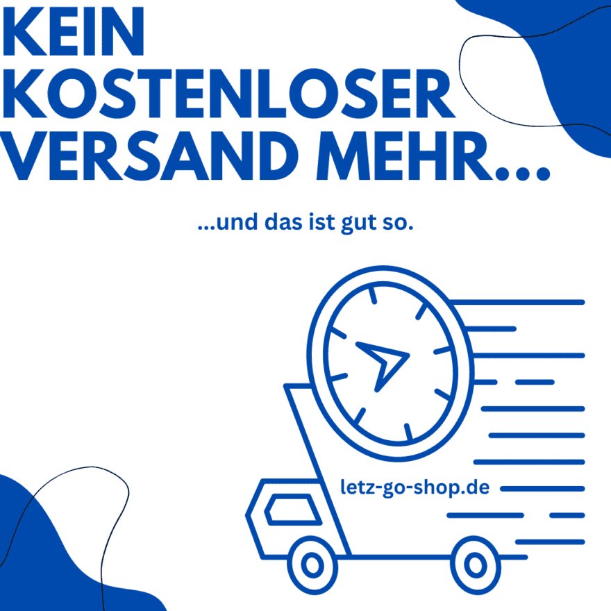 Schnelles, kostenloses Versandlogo mit Uhr und Lieferwagen, ideal für den Onlineshop LETZ Go, betont zügigen Versandservice.