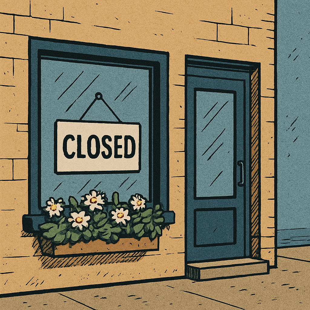 Geschlossenes Ladenschild an der Außenseite eines Geschäfts, zeigt "Closed" Schriftzug, mit Blumenkasten unter dem Fenster, Geschäft ist momentan geschlossen, einladendes Ladenschild im Stadtbild, stilvolle Illustration für Einzelhandel.