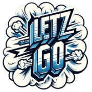 Cape, cooles LETZ Go Logo mit blauer Schrift und Wolkenmotiven, Comic-Style, für Markenvisuals, Onlineshop-Branding, Jugendliche, trendiges Design, modernes Logo, Eye-Catcher, stylishes Markenlogo, Markenidentität, Jüngere Zielgruppe, 2D-Design.