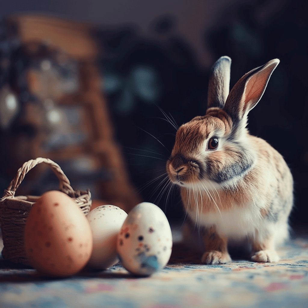 Frühlingserwachen, Hase mit Ostereiern, Osterdekoration, süßes Kaninchen, Haustier, Ostern, Frühlingsfest, Tiere, Festliche Stimmung.