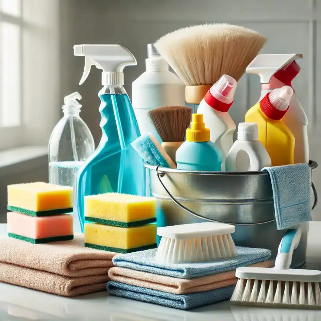 Sauberkeit Reinigungszubehör mit Sprühflaschen, Schwämmen, Bürsten und Trockentüchern für effiziente Hausreinigung und Hygiene.