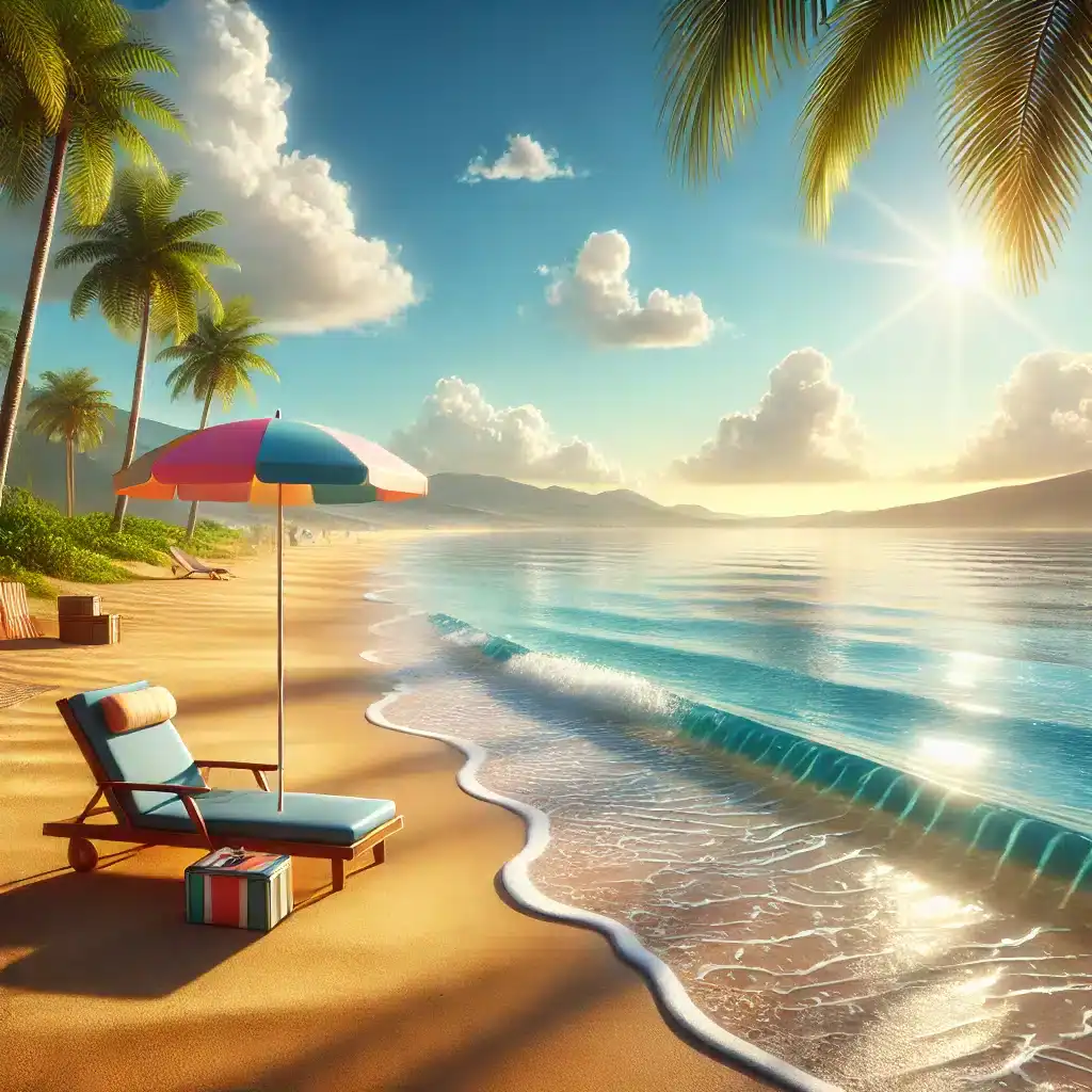 Strand mit Liegestuhl, Sonnenschirm und Palmen bei Sonnenuntergang, entspannte Urlaubsszene an einem tropischen Paradiesstrand, blauer Himmel, ruhiges Meer, perfekte Urlaubsatmosphäre.