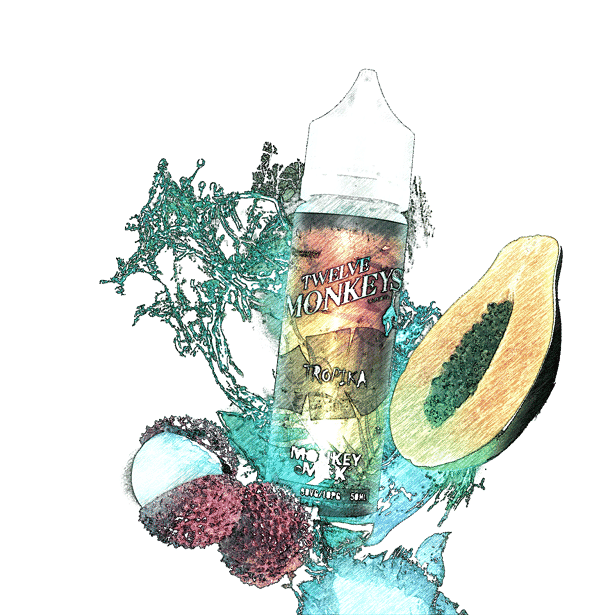 Twelve Monkeys E-Liquid Flasche mit Frucht- und Kräuteraromen, colorful Wasser- und Früchtelemente, für Vaping und E-Zigaretten.