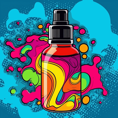 Liquids, E-Zigaretten günstig online kaufen 31 Vektorillustration eines bunten, tropfenförmigen Fläschchens mit bunten, abstrakten Farbmustern im Hintergrund.