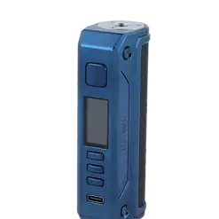 Lost Vape Thelema Solo 100 Watt 9 Kompakte blaue Vape-Mod mit digitalem Display, Bedienknöpfen und USB-Ladestecker, ideal für E-Zigaretten.