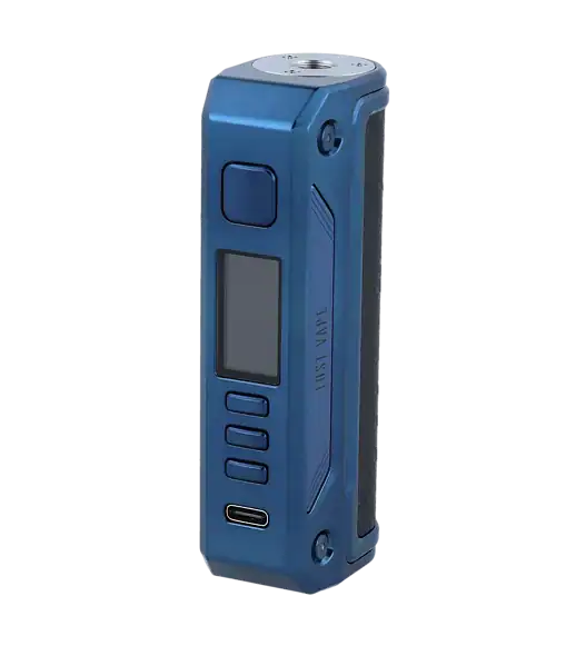 Kompakte blaue Vape-Mod mit digitalem Display, Bedienknöpfen und USB-Ladestecker, ideal für E-Zigaretten.