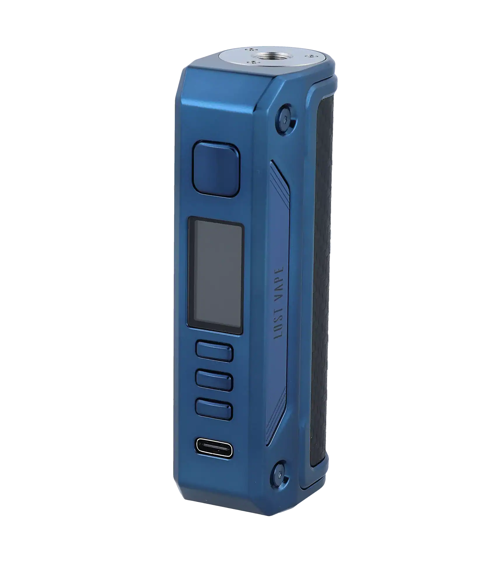 Lost Vape Thelema Solo 100 Watt 2 Kompakte blaue Vape-Mod mit digitalem Display, Bedienknöpfen und USB-Ladestecker, ideal für E-Zigaretten.