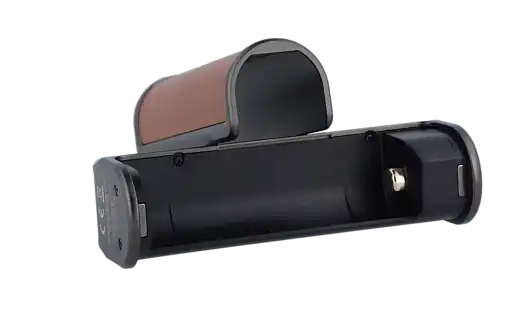 Lost Vape Thelema Solo 100 Watt 6 Batteriepack für Elektrofahrräder mit schwarzem Gehäuse und braunem Schutz, kompaktes Design.